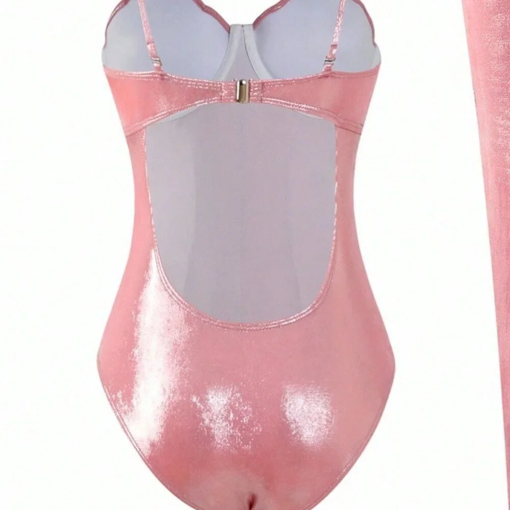 Pink High-End Sexy Women's Shiny Shell Push-Up One-Piece swimsuit w/ coverup